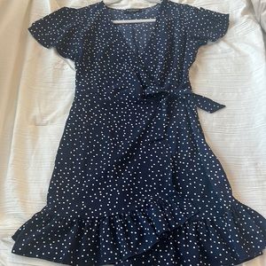 Navy polka dot wrap dress